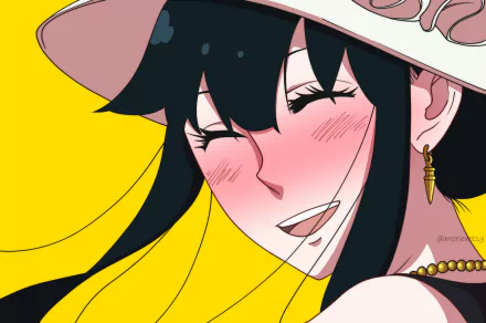 Yor Forger from the anime Spy x Family smiles with closed eyes, wearing a wide-brimmed hat against a bright yellow background in this HD PC desktop wallpaper.