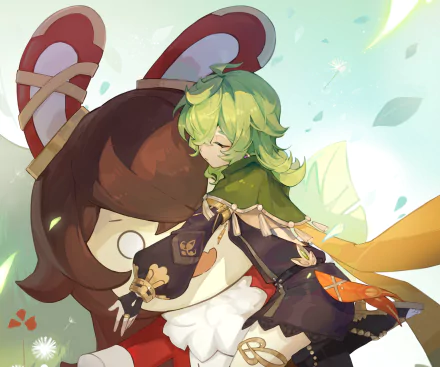 Collei (Genshin Impact) cuddles a giant mushroom plush in bright, whimsical art — HD PC desktop wallpaper/background showcasing the video game Genshin Impact.