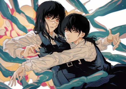 HD anime wallpaper featuring Asa Mitaka and the War Devil from Chainsaw Man, with dynamic poses and vibrant background details.