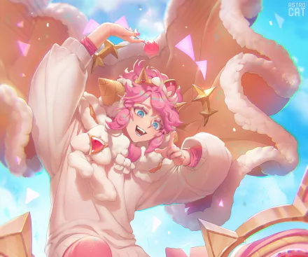Strawberry Crepe Cookie from COOKIE RUN: KINGDOM — pink‑haired cookie in a fluffy white coat and crown, joyful pose with stars and ribbon tails; HD PC desktop wallpaper.