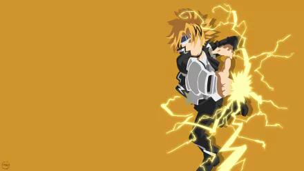 Denki Kaminari from My Hero Academia energized with crackling yellow lightning, featured in a vibrant 4K Ultra HD anime desktop wallpaper.