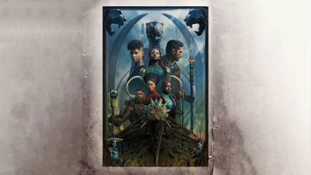 8K Ultra HD PC desktop wallpaper and background of Black Panther: Wakanda Forever — cinematic ensemble of armored figures, regal motifs and blue-green tones.