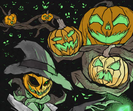 HD PC desktop wallpaper featuring glowing jack-o'-lanterns with eerie faces hanging from tree branches against a dark Halloween-themed background.