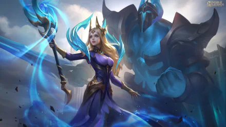 HD PC desktop wallpaper from the video game Mobile Legends: Bang Bang featuring a powerful female mage character with glowing blue effects and a towering armored figure in the background.