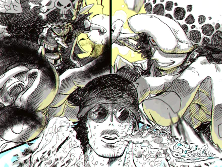 HD anime desktop wallpaper featuring One Piece characters Trafalgar Law, Aokiji, and Marshall D. Teach in a dynamic, sketch-style composition.