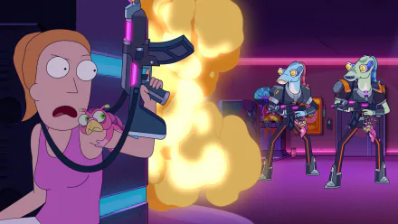 Summer Smith from the TV show Rick and Morty fires an automatic rifle as explosions light a neon club — HD PC desktop wallpaper/background.