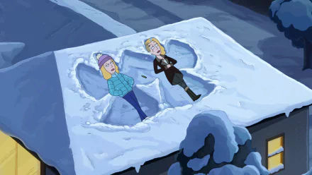 HD desktop wallpaper featuring Beth Smith and another character from the TV show Rick and Morty lying in the snow making angel shapes on a rooftop at night.