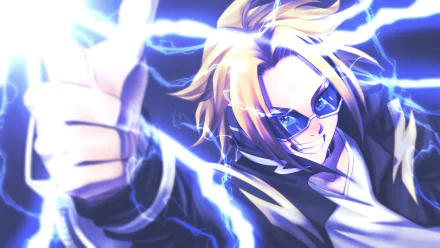 HD anime desktop wallpaper featuring Denki Kaminari from My Hero Academia, dynamically posed with electric sparks and vibrant blue lightning effects.