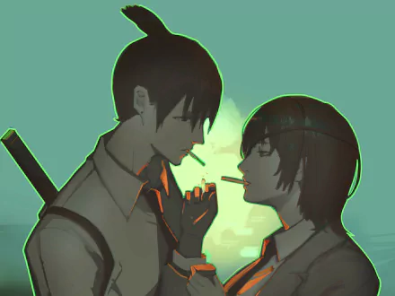 HD anime wallpaper of Chainsaw Man's Himeno and Aki Hayakawa standing face-to-face, sharing lit cigarettes against a teal, moonlit backdrop.