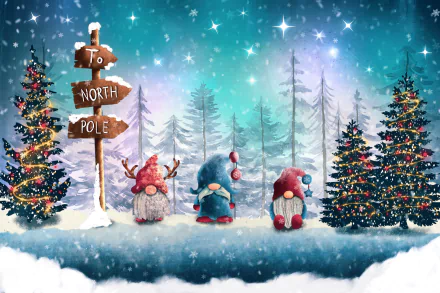 A whimsical Christmas-themed HD wallpaper featuring three gnomes by a To North Pole sign, surrounded by snowy trees and colorful Christmas trees sparkling with lights.