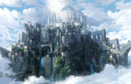 HD fantasy city wallpaper and background featuring a majestic, ethereal city with cascading waterfalls, towering structures, and a vibrant atmosphere under a bright, cloudy sky.