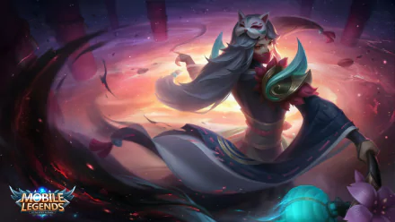 HD PC desktop wallpaper/background of the video game Mobile Legends: Bang Bang: a masked, robed hero with glowing teal armor conjuring swirling purple-pink magic.