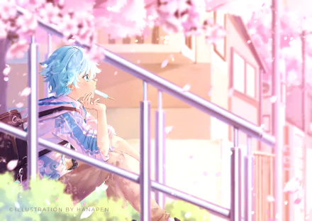 Chongyun (Genshin Impact), blue-haired exorcist sitting on a railing beneath falling cherry blossoms in a sunlit scene — HD PC desktop wallpaper from the video game.
