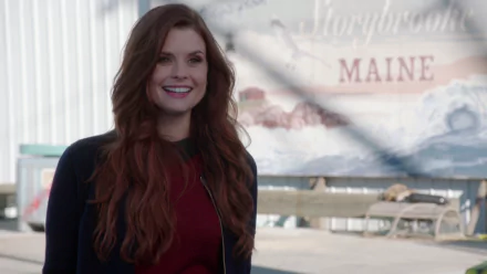 HD PC desktop wallpaper of Ariel from the TV show Once Upon a Time: a smiling red‑haired woman posed before a Storybrooke, Maine sign.