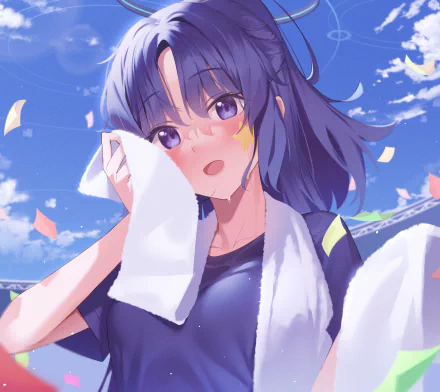 4K Ultra HD wallpaper featuring Hayase Yuuka from the video game Blue Archive, with her wiping sweat under a bright, clear sky.