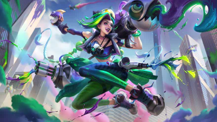 Jinx from the video game League of Legends: Wild Rift in vibrant 8K Ultra HD PC desktop wallpaper, striking pose with dual weapons and neon-green accents against a ruined city skyline.