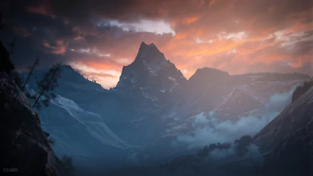 4K Ultra HD PC desktop wallpaper featuring a dramatic mountain landscape from the video game God of War (2018) at sunset with vibrant, colorful skies.