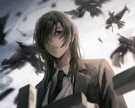 HD anime desktop wallpaper featuring Himeno from Chainsaw Man, depicted with dark hair and a somber expression amidst swirling shadows and light.