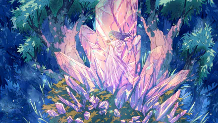 4K Ultra HD PC desktop wallpaper/background: a fantasy woman bathed in soft light, standing among towering pink crystals in a lush, moonlit forest.