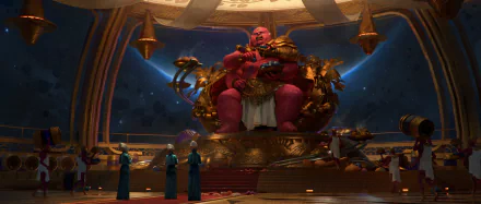 Sci-Fi alien overlord in a golden throne inside a vast ceremonial chamber, robed figures in the foreground — 2K Quad HD PC desktop wallpaper/background.