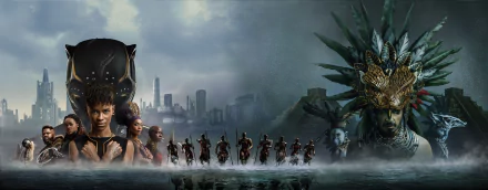 8K Ultra HD PC desktop wallpaper for Black Panther: Wakanda Forever — a line of Wakandan warriors wading through misted water with a coastal city skyline, portraits and ornate ceremonial masks.