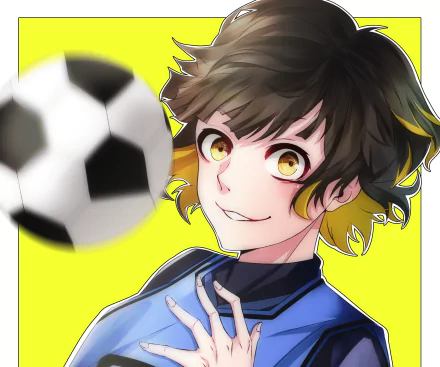 HD anime desktop wallpaper of Bachira Meguru from Blue Lock, featuring him with a dynamic expression and a soccer ball against a bright yellow background.
