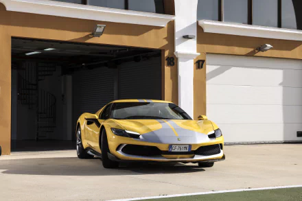 Yellow Ferrari 296 GTB with a silver racing stripe parked in front of modern garage doors — 8K Ultra HD PC desktop wallpaper/background.