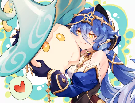 HD PC desktop wallpaper featuring Layla from the video game Genshin Impact, showcasing her vibrant blue outfit and a large, whimsical hat.