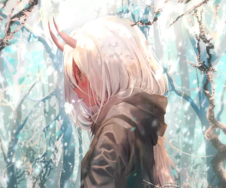 HD anime desktop wallpaper featuring Zero Two from Darling in the FranXX, depicted with white hair and red horns in a softly lit, snowy forest background.