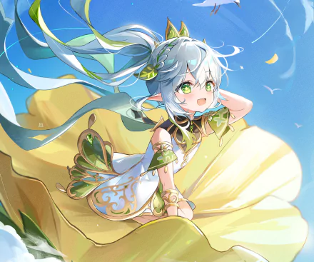 HD PC desktop wallpaper featuring Nahida from the video game Genshin Impact, showcasing her bright, cheerful expression against a clear blue sky background.