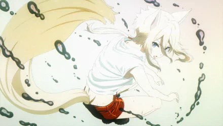 Zeta (The Eminence in Shadow) — white‑haired, fox‑eared anime character curled amid drifting black ink swirls, tail flowing; vibrant HD PC desktop wallpaper/background.