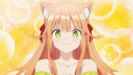 HD PC wallpaper of Kanade (Beast Tamer): smiling fox-eared anime girl with long orange hair and bright green eyes against a glowing yellow bokeh background.