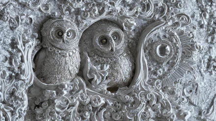 4K Ultra HD PC desktop wallpaper — AI Art: intricate silver-relief depiction of two owls surrounded by ornate floral and scrollwork patterns.