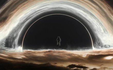 4K Ultra HD sci-fi wallpaper showing an astronaut suspended in front of a massive, glowing black hole with swirling cosmic clouds around it.