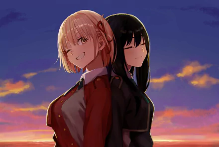 Chisato Nishikigi and Takina Inoue from Lycoris Recoil stand back to back against a vibrant sunset sky in this 4K Ultra HD anime desktop wallpaper.