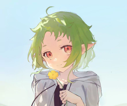 Sylphiette from Mushoku Tensei: Jobless Reincarnation — soft-lit anime HD PC desktop wallpaper, close-up of her green hair, red eyes, cloak, and a small yellow flower.