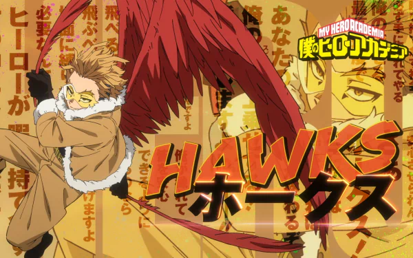 Hawks (Boku No Hero Academia) - anime HD PC desktop wallpaper showing Hawks with red wings spread over Japanese text, large HAWKS title and My Hero Academia logo.