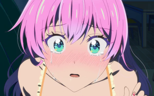 Close-up of Akari Watanabe, pink-haired anime girl with teary, sparkling eyes and flushed cheeks — emotive HD PC desktop wallpaper from More Than a Married Couple, But Not Lovers.