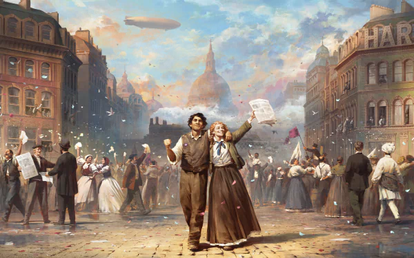 HD PC desktop wallpaper featuring a vibrant Victoria 3 video game scene with historical characters celebrating in a bustling 19th-century city square under a bright sky.