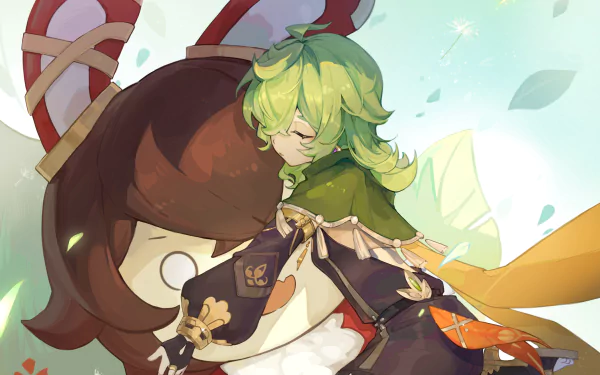 Collei (Genshin Impact) cuddles a giant mushroom plush in bright, whimsical art — HD PC desktop wallpaper/background showcasing the video game Genshin Impact.