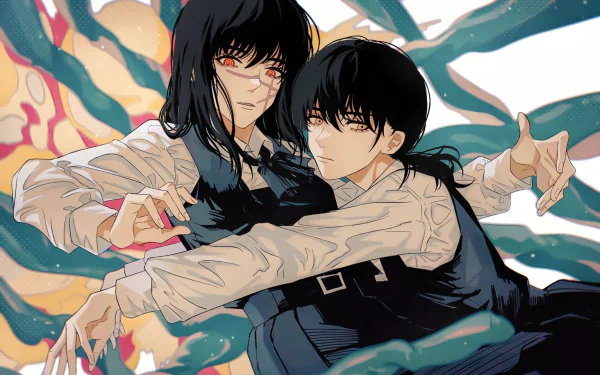 HD anime wallpaper featuring Asa Mitaka and the War Devil from Chainsaw Man, with dynamic poses and vibrant background details.