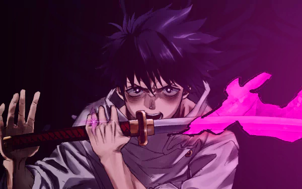 HD PC desktop wallpaper featuring Yuta Okkotsu from the anime Jujutsu Kaisen 0, wielding a sword with vibrant purple energy.