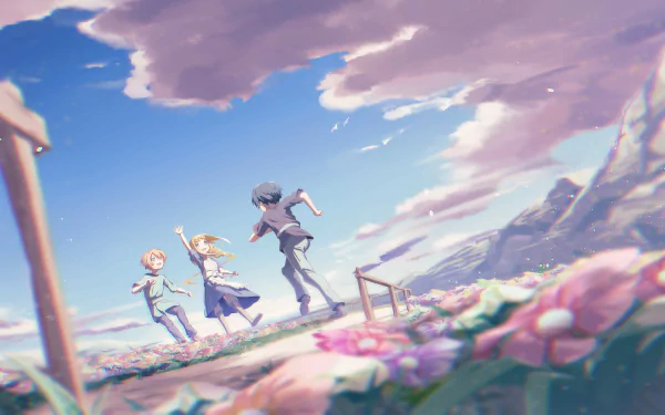 HD desktop wallpaper featuring Kirito, Alice Zuberg, and Eugeo from Sword Art Online in an anime-style scene under a bright blue sky.