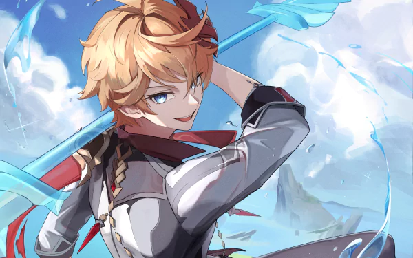 Tartaglia Childe from Genshin Impact, featured in a vibrant HD PC desktop wallpaper with dynamic blue and white tones from the video game Genshin Impact.