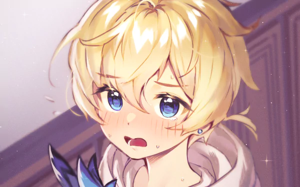 HD PC desktop wallpaper of Mika (Genshin Impact) from the video game — close-up with tousled blond hair, bright blue eyes and a surprised expression against a soft interior backdrop.