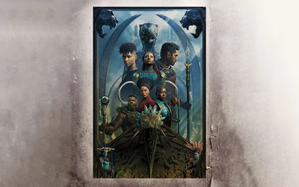 8K Ultra HD PC desktop wallpaper and background of Black Panther: Wakanda Forever — cinematic ensemble of armored figures, regal motifs and blue-green tones.