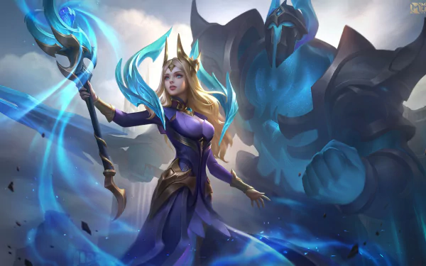 HD PC desktop wallpaper from the video game Mobile Legends: Bang Bang featuring a powerful female mage character with glowing blue effects and a towering armored figure in the background.