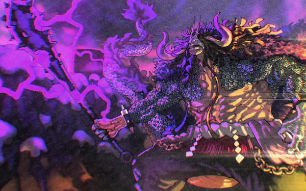 Kaido (One Piece) in a storm of purple lightning, armored scales and horned helmet, wielding his kanabo — Anime 4K Ultra HD PC desktop wallpaper and background.