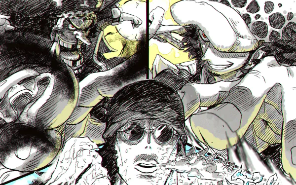 HD anime desktop wallpaper featuring One Piece characters Trafalgar Law, Aokiji, and Marshall D. Teach in a dynamic, sketch-style composition.