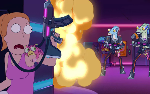 Summer Smith from the TV show Rick and Morty fires an automatic rifle as explosions light a neon club — HD PC desktop wallpaper/background.